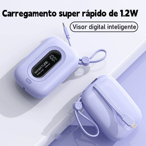 Carrega super rápido power bank de 12.000 mAh com USB universal, compacto, portátil e com exibidor numérico.