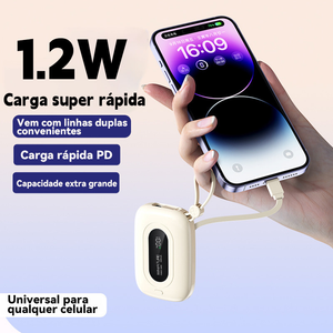 Carrega super rápido power bank de 12.000 mAh com USB universal‌, compacto, portátil e com exibidor numérico.